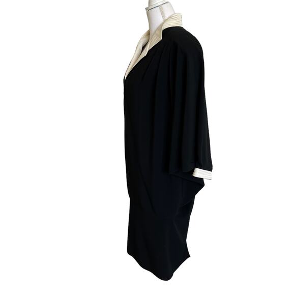 Vintage 80s Saks Fifth Avenue Batwing Dress Crepe 10 Black Ivory Shoulder Pads - Picture 6 of 15